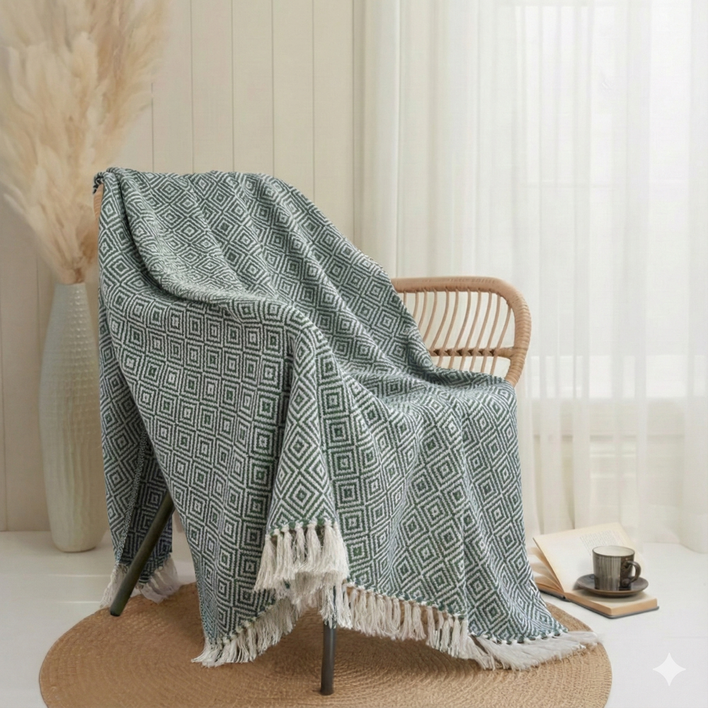 Hush Haven Cotton Chevron Throw Blanket (Size 150x1 cm) - Sage Green & Grey_8129589