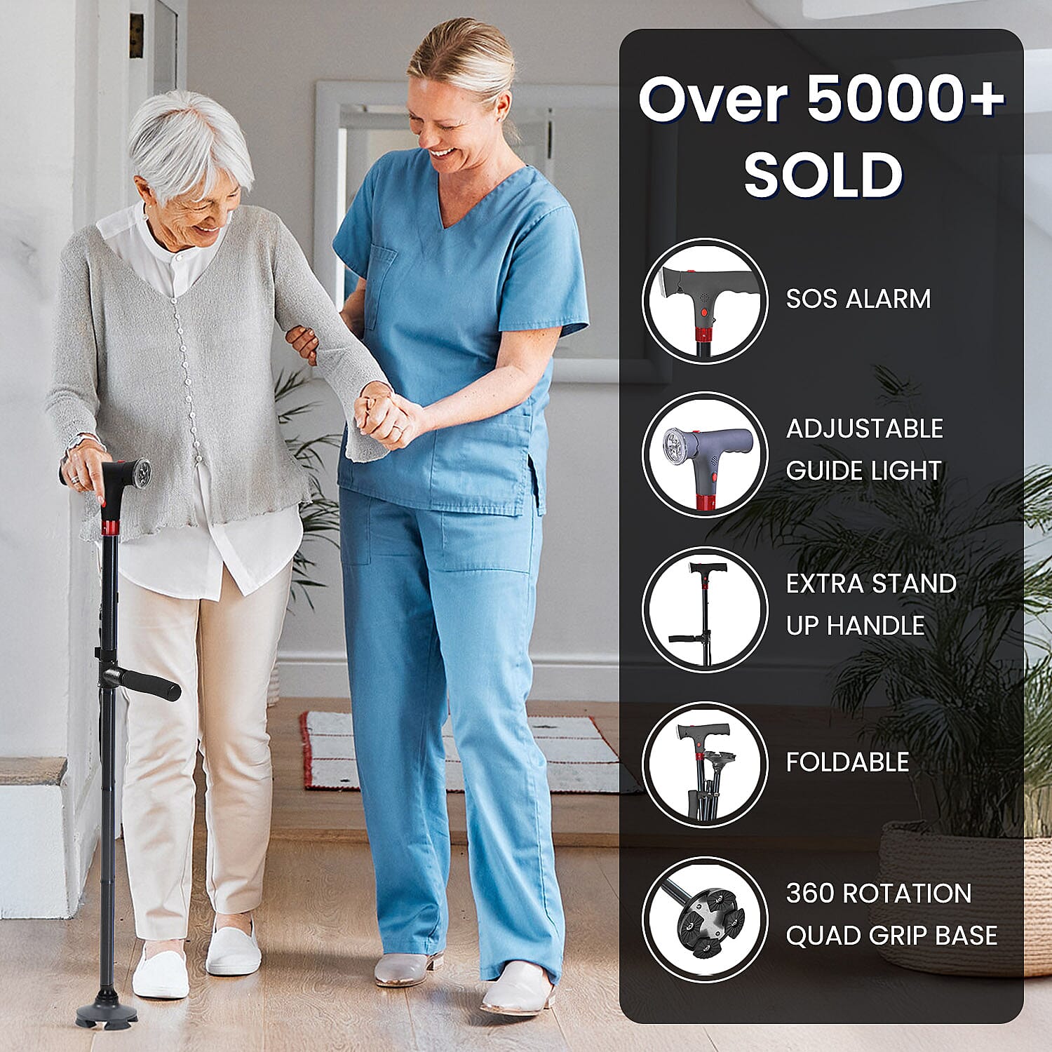 Smart Easy Up Standard Cane With 2 Handle & Anti Slip Base (2xAAA,Not Included)