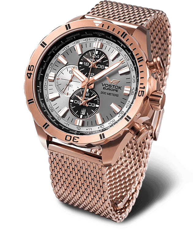 VOSTOK EUROPE Almaz Seiko Epson YM26 Quartz Movt. 20ATM WR Grey Dial Mens Watch with Rose Colour Stainless Steel Mesh Strap