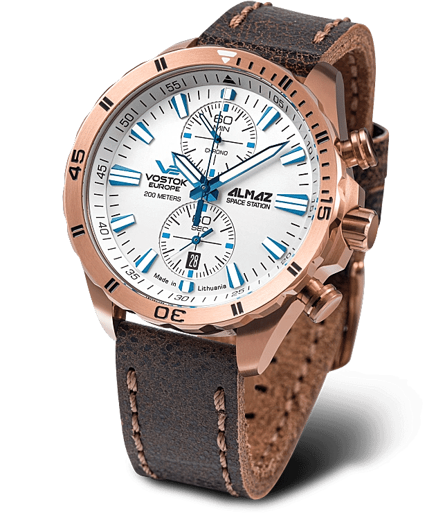 VOSTOK EUROPE Almaz Miyota 6S11 Quartz Movt. 20ATM WR White Dial - Rose Case Mens Watch with Brown Leather Strap