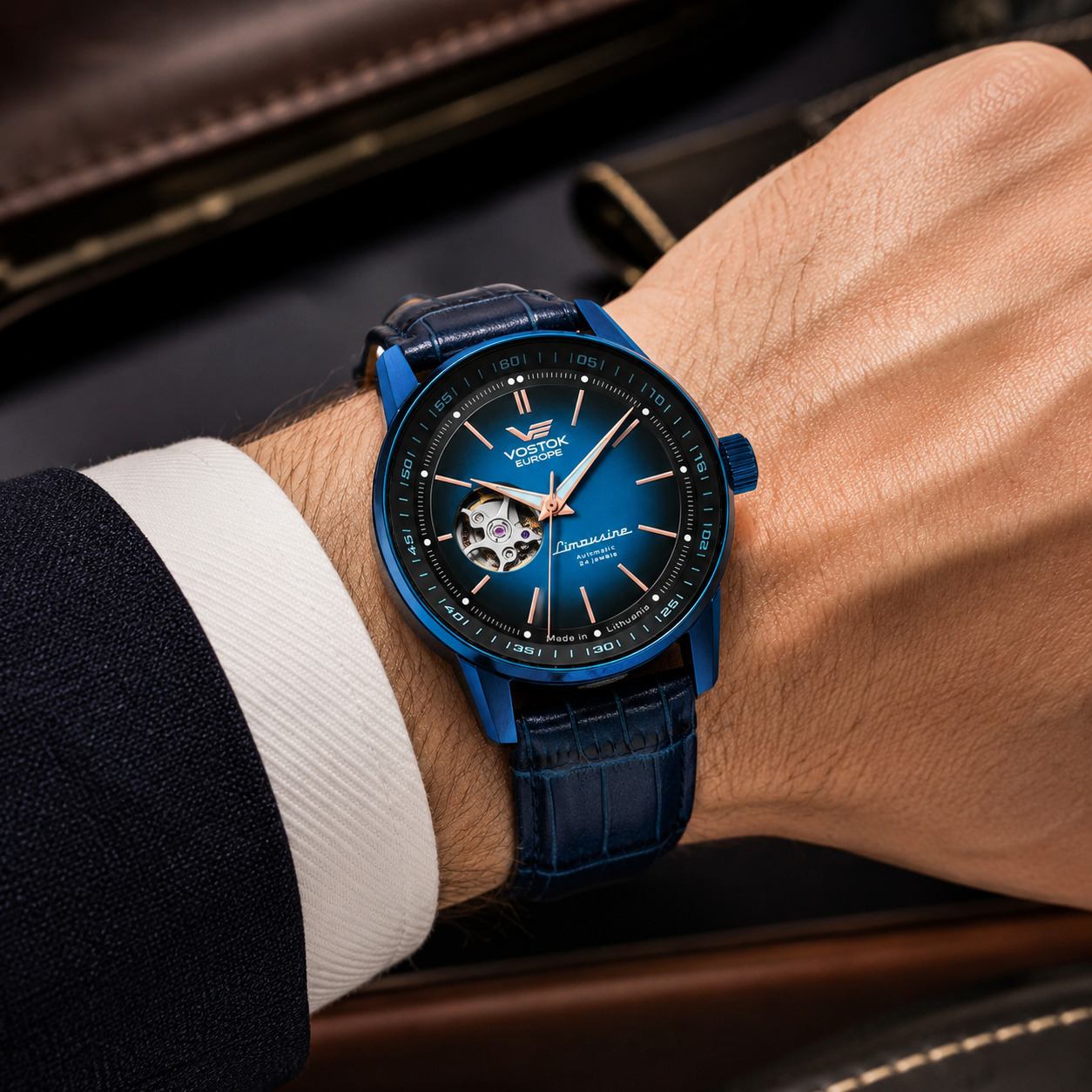 VOSTOK EUROPE Limousine NH38 Automatic Movt. 5ATM WR Blue Dial Mens Watch with Blue Leather Strap