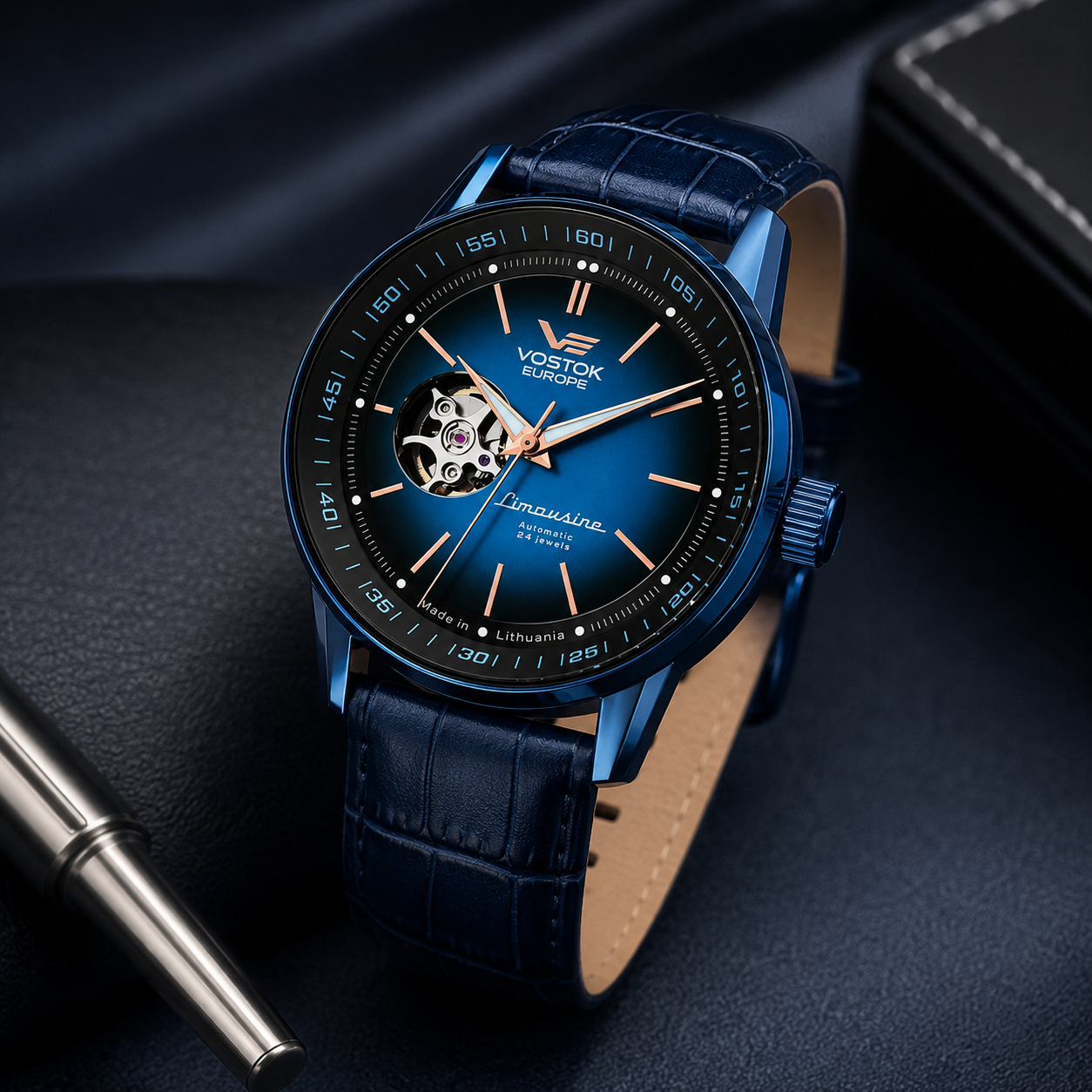 VOSTOK EUROPE Limousine NH38 Automatic Movt. 5ATM WR Blue Dial Mens Watch with Blue Leather Strap