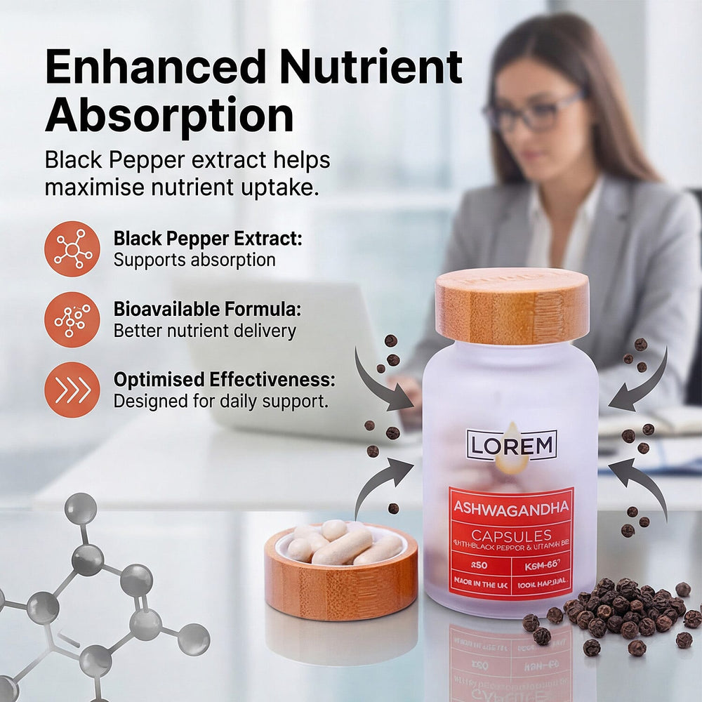 Lorem Ashwagandha Capsules with Black Pepper - Vitamin B6 - 60 Capsules