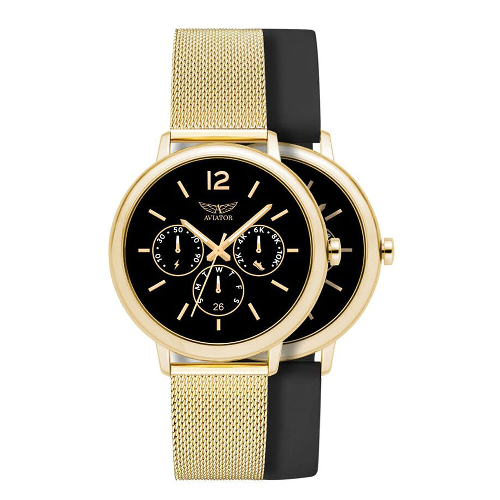 Aviator Smart Watch - Steps, Heart Rate, Blood Pressure, Calories, Menstrual Cycle with Gold Tone Milanese-BlackSilicone Straps