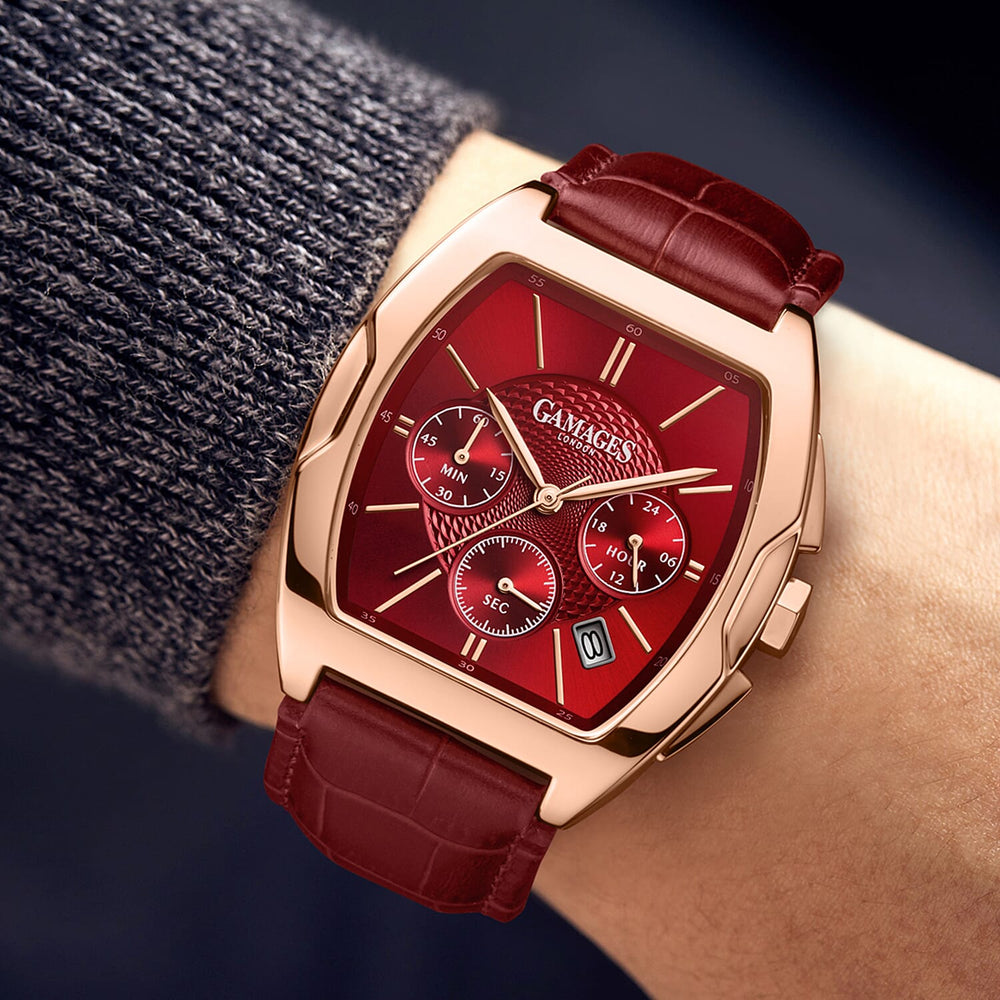 Gamages Of London Limited Edition Fortis Mecha Quartz Movt. 3ATM Water Resistance Watch With Genuine Leather Strap - Red (With 5 Year Warranty)