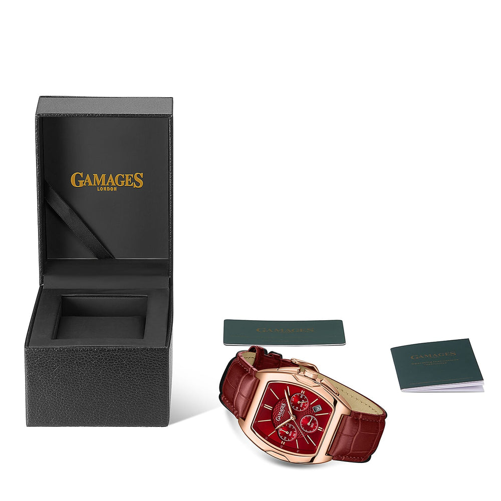Gamages Of London Limited Edition Fortis Mecha Quartz Movt. 3ATM Water Resistance Watch With Genuine Leather Strap - Red (With 5 Year Warranty)
