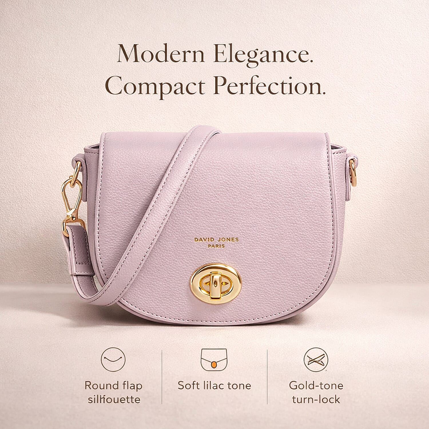David Jones Stylish Round Flap Compact Shoulder Bag Lilac
