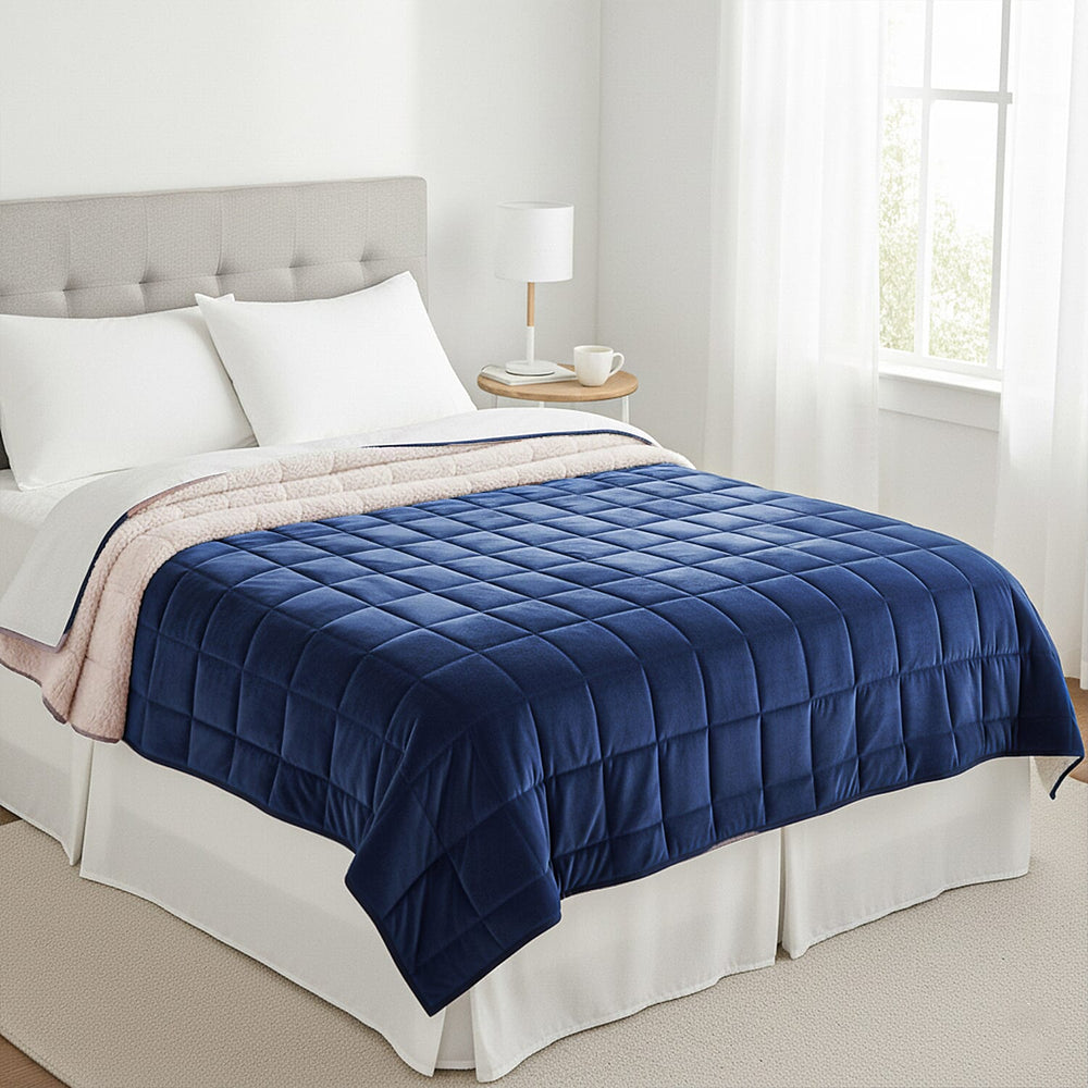 SEASONS SPECIAL LAUNCH - Hush Haven Luxury Reversible Cooling 7 Layer Sherpa Weighted Quilt (Size King) - Navy Approax 7 kg