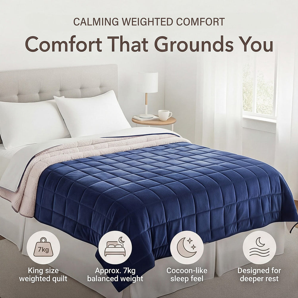 SEASONS SPECIAL LAUNCH - Hush Haven Luxury Reversible Cooling 7 Layer Sherpa Weighted Quilt (Size King) - Navy Approax 7 kg