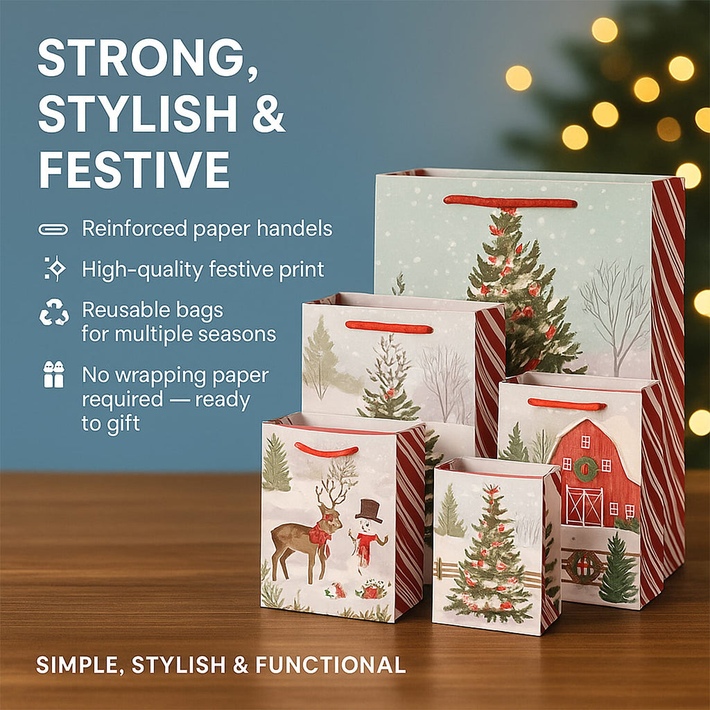 Christmas Gift Bags - Set of 16 with Classic Snowman Patterns