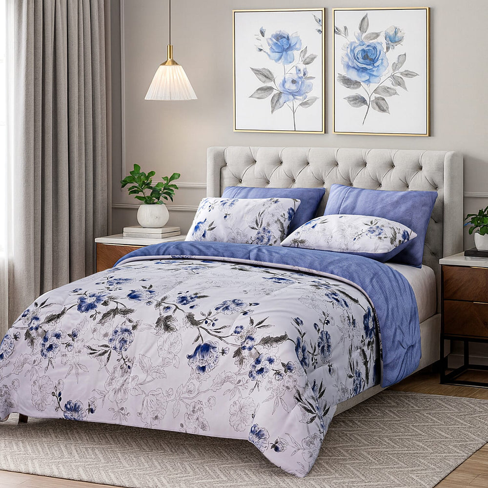 Homesmart 3 Piece Floral Print Comforter Set Inc. 1 Comforter & 2 Pillowcases (Size UK Double) - Blue