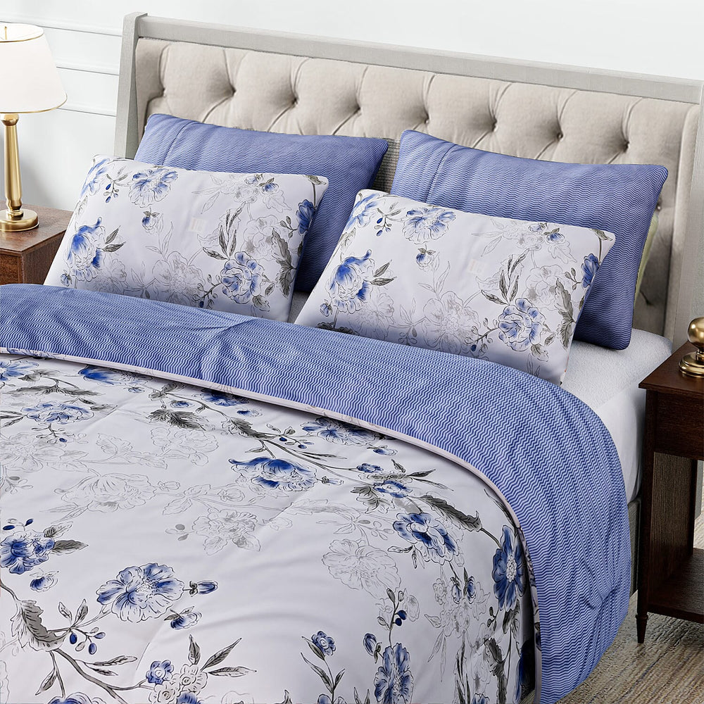 Homesmart 3 Piece Floral Print Comforter Set Inc. 1 Comforter & 2 Pillowcases (Size UK Double) - Blue