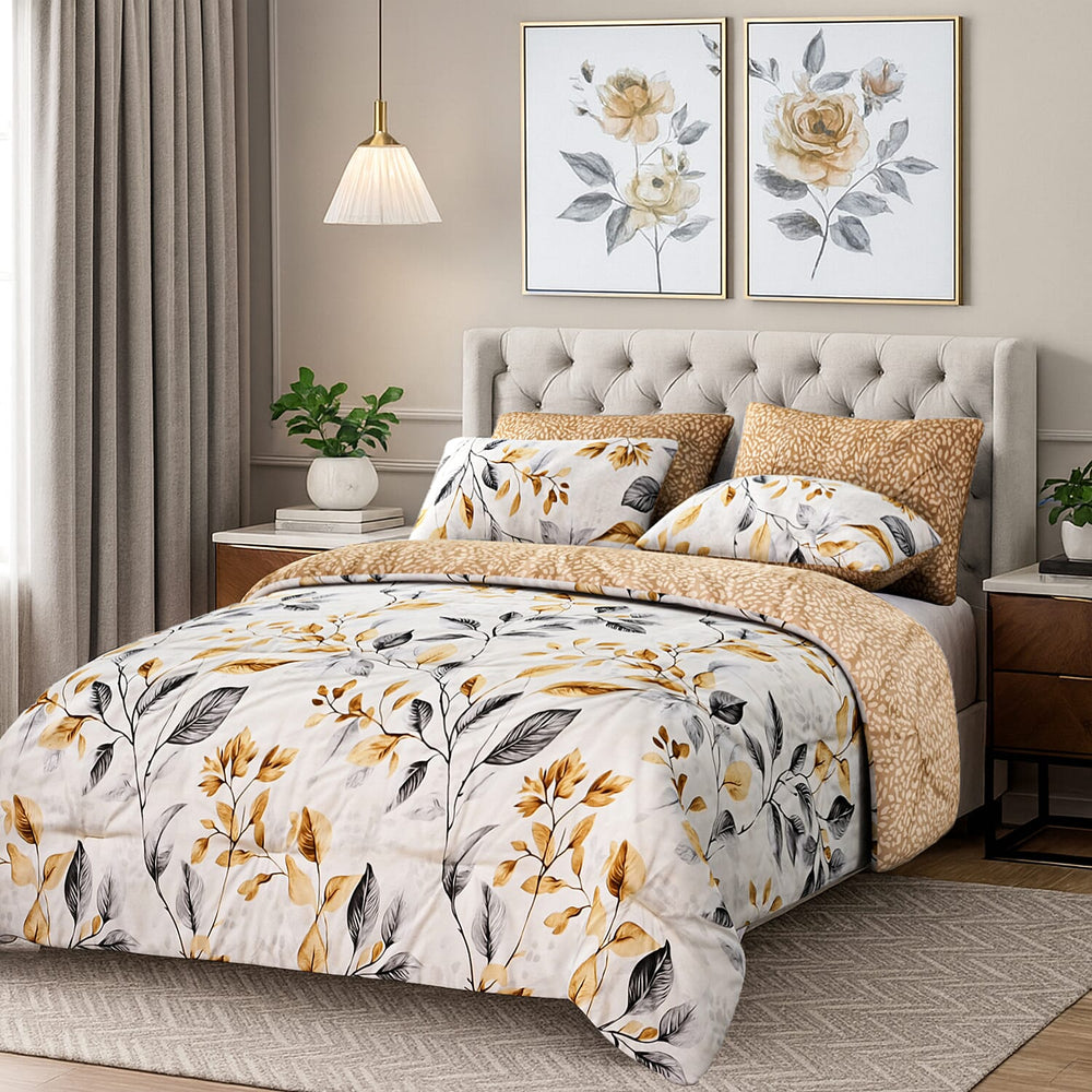 Homesmart 3 Piece Floral & Leaf Print Comforter Set Inc. 1 Comforter & 2 Pillowcases (Size UK Double) - Cream