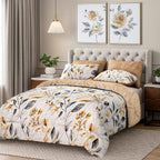 Homesmart 3 Piece Floral & Leaf Print Comforter Set Inc. 1 Comforter & 2 Pillowcases (Size UK Double) - Cream