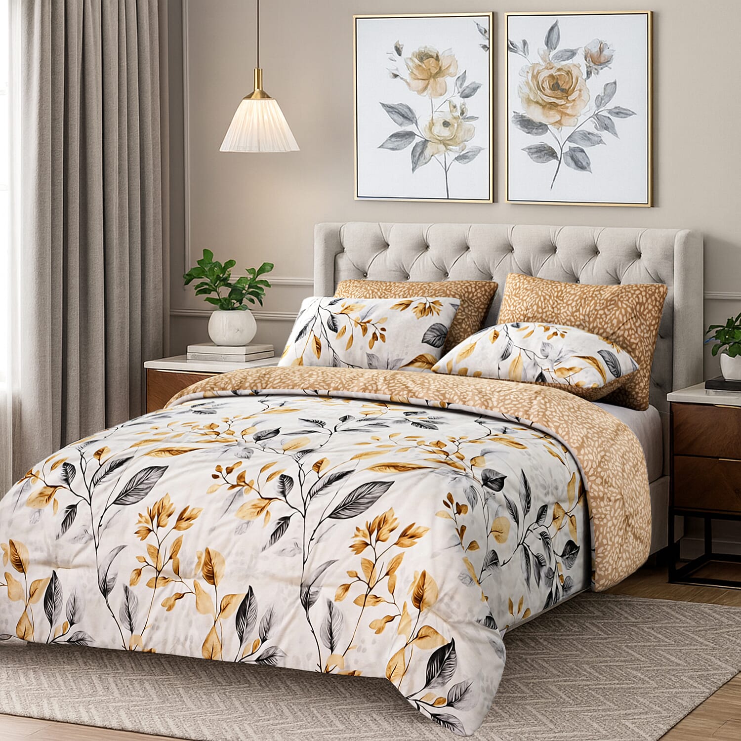 Homesmart 3 Piece Floral & Leaf Print Comforter Set Inc. 1 Comforter & 2 Pillowcases (Size UK Double) - Cream