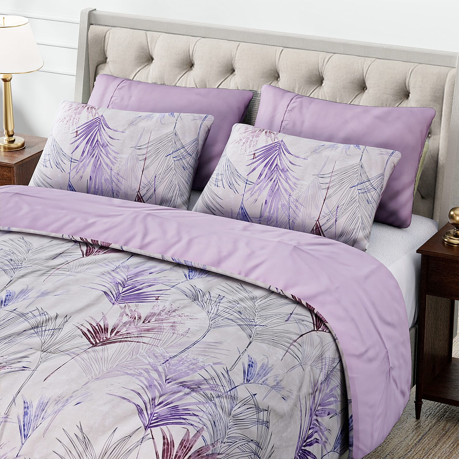 Homesmart 3 Piece Floral & Leaf Print Comforter Set Inc. 1 Comforter & 2 Pillowcases (Size UK Double) - Purple