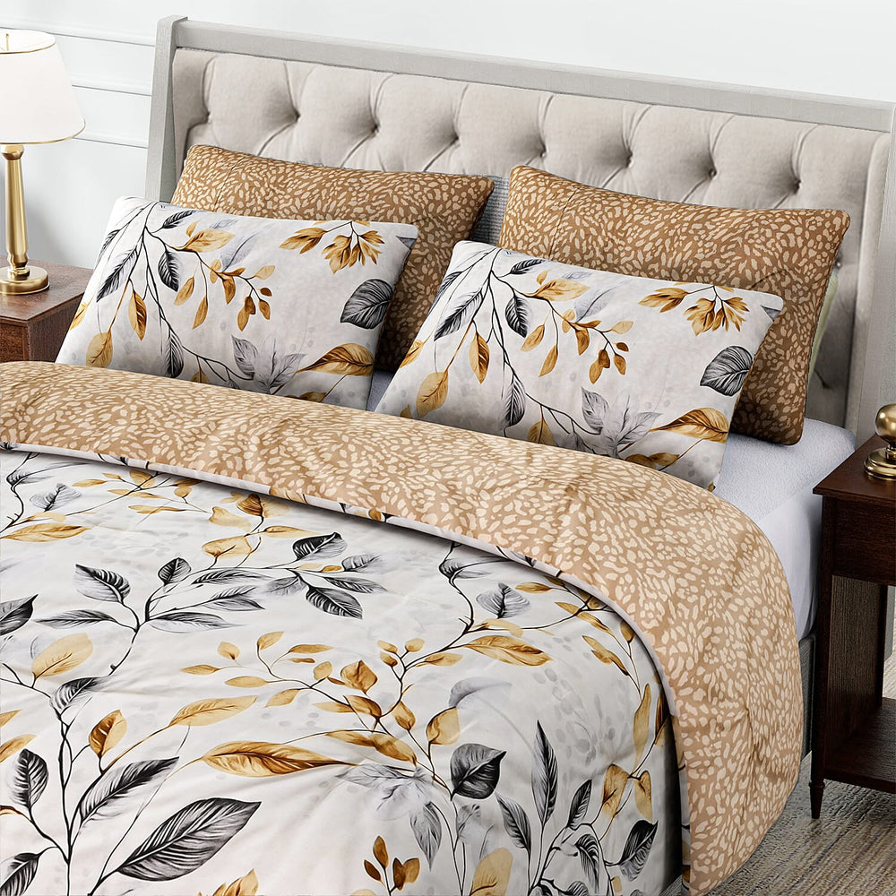 Homesmart 3 Piece Floral & Leaf Print Comforter Set Inc. 1 Comforter & 2 Pillowcases (Size UK King) - Cream