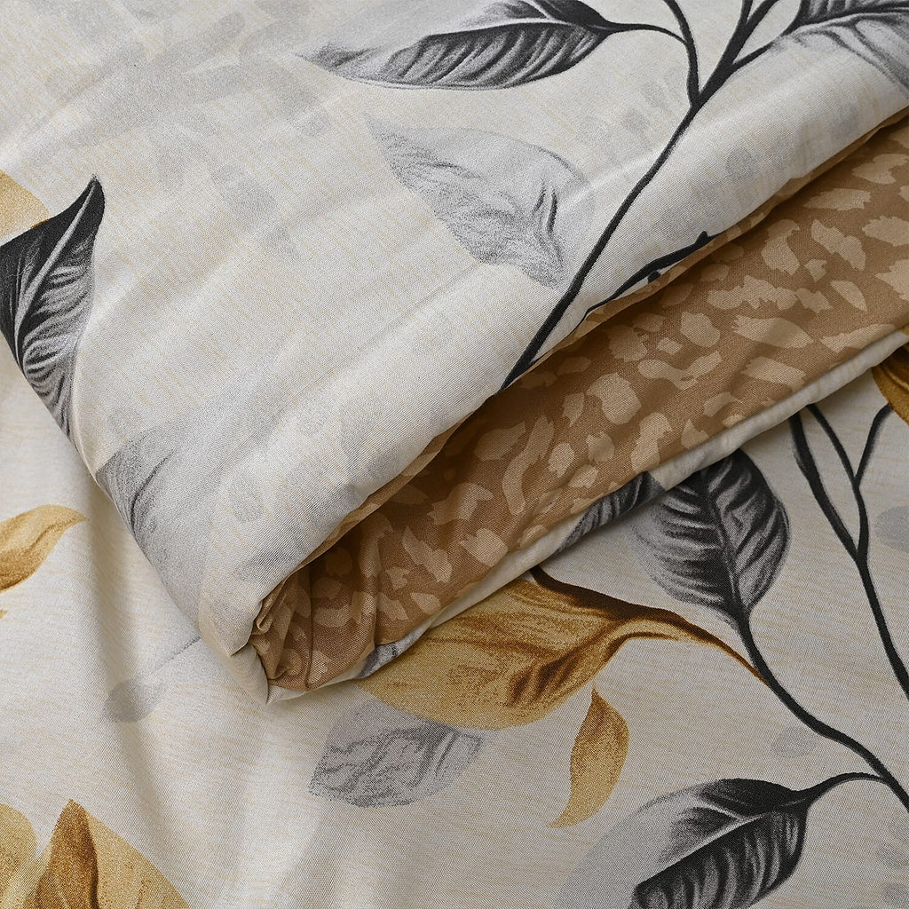 Homesmart 3 Piece Floral & Leaf Print Comforter Set Inc. 1 Comforter & 2 Pillowcases (Size UK King) - Cream