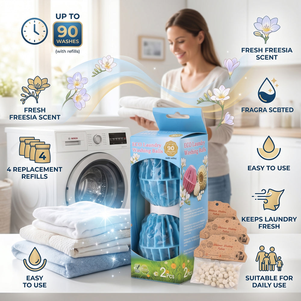 NEW Fressia Fragrance Laundry Washing Balls with 4 Pack Replacement | Non-Detergent System for 90 Washes - Blue