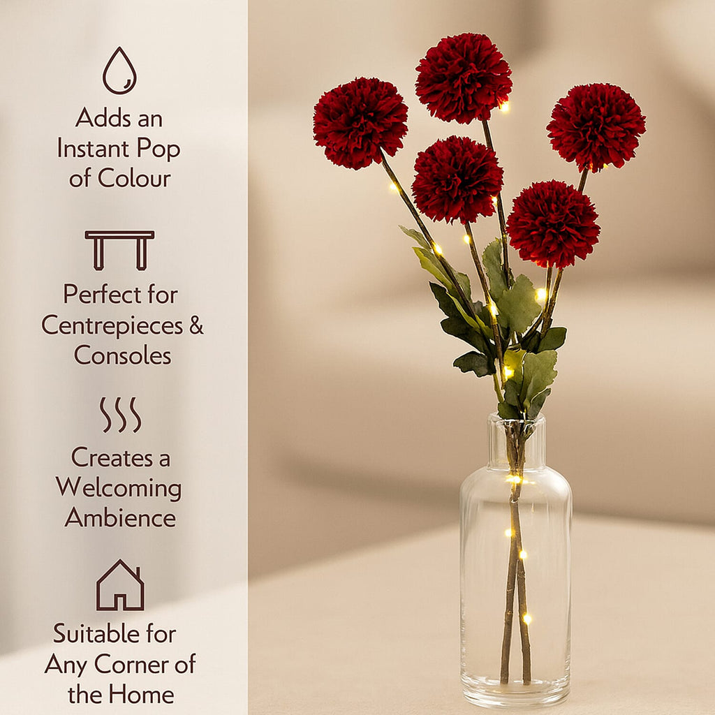 Set of 2 - Faux Flower Branches with LED Lights (60cm) -  Burgundy