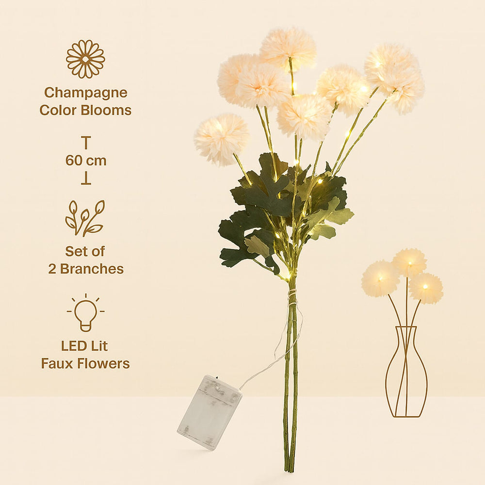 Set of 2 - Faux Flower Branches with LED Lights (60cm) - Champagne