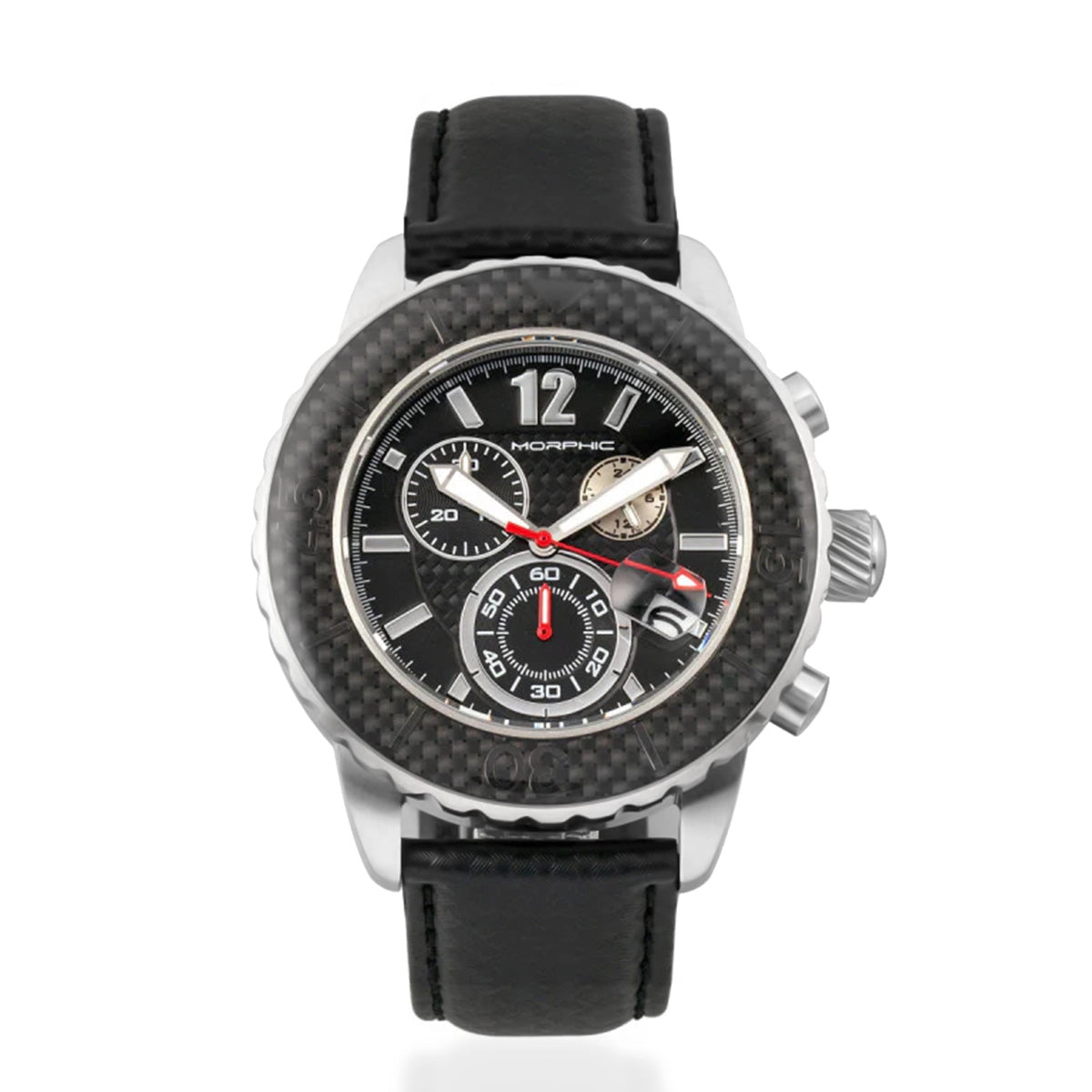 MORPHIC M51 Series Japanese Quartz Movt. 10ATM Water Resistant Black Dial Mens Watch with Black Colour Leather Strap and Silver-Tone Case_8194024