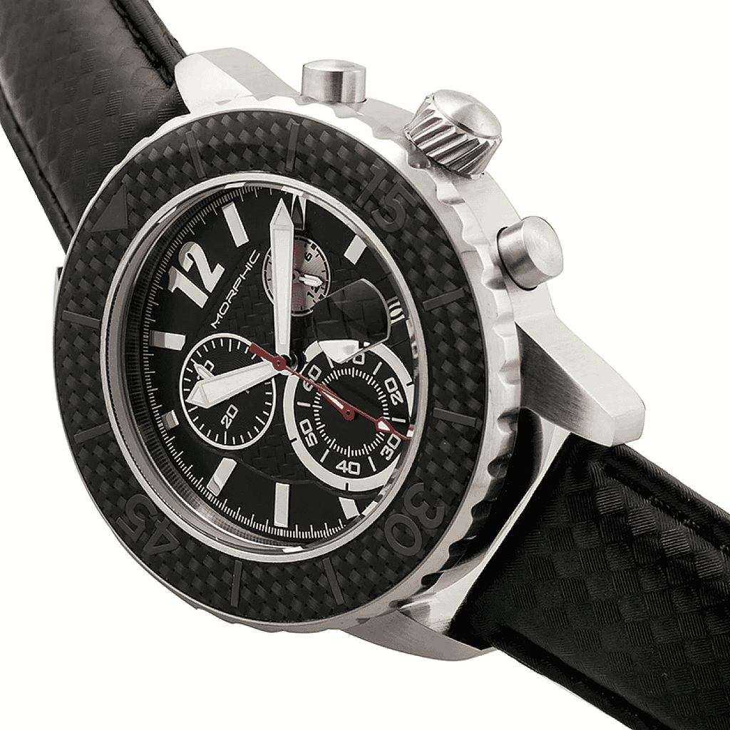 MORPHIC M51 Series Japanese Quartz Movt. 10ATM Water Resistant Black Dial Mens Watch with Black Colour Leather Strap and Silver-Tone Case