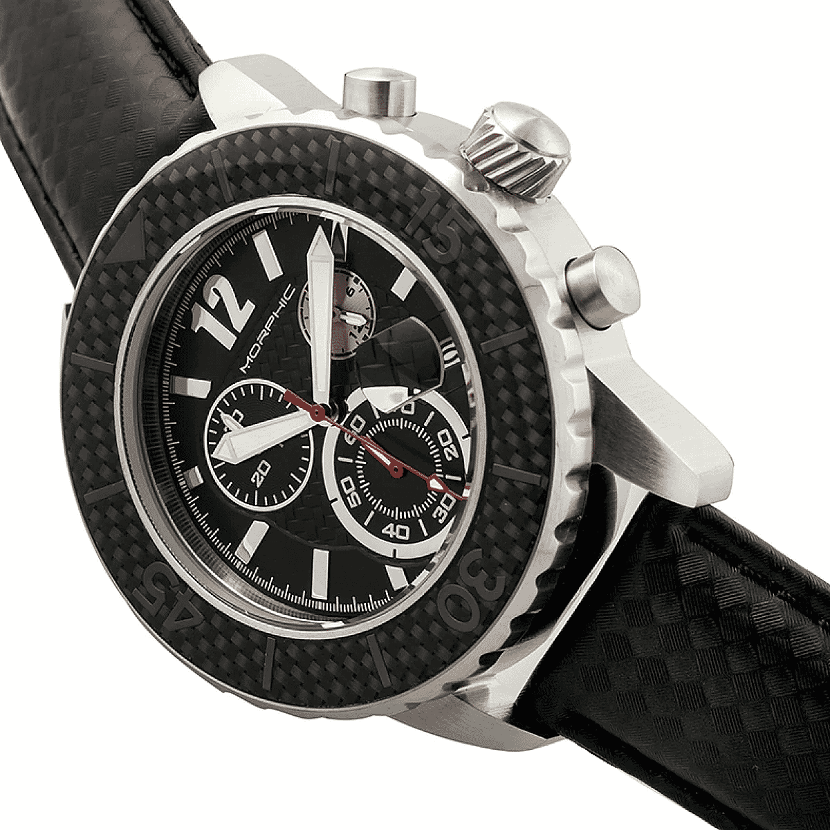 MORPHIC M51 Series Japanese Quartz Movt. 10ATM Water Resistant Black Dial Mens Watch with Black Colour Leather Strap and Silver-Tone Case