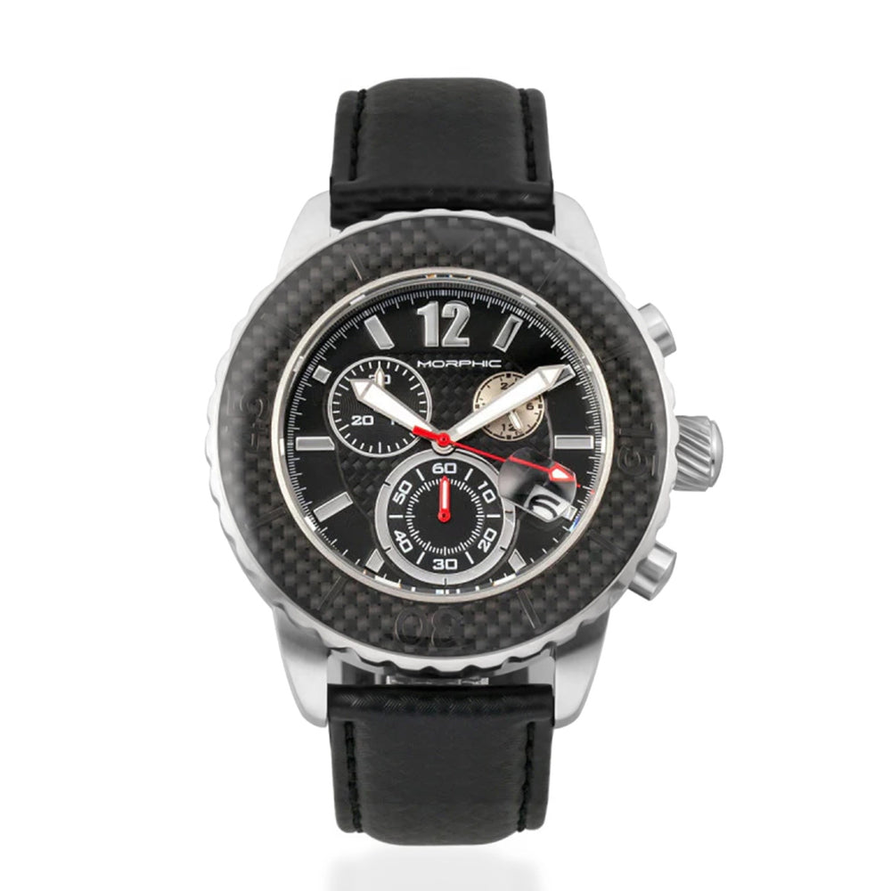 MORPHIC M51 Series Japanese Quartz Movt. 10ATM Water Resistant Black Dial Mens Watch with Black Colour Leather Strap and Silver-Tone Case_8194024_2