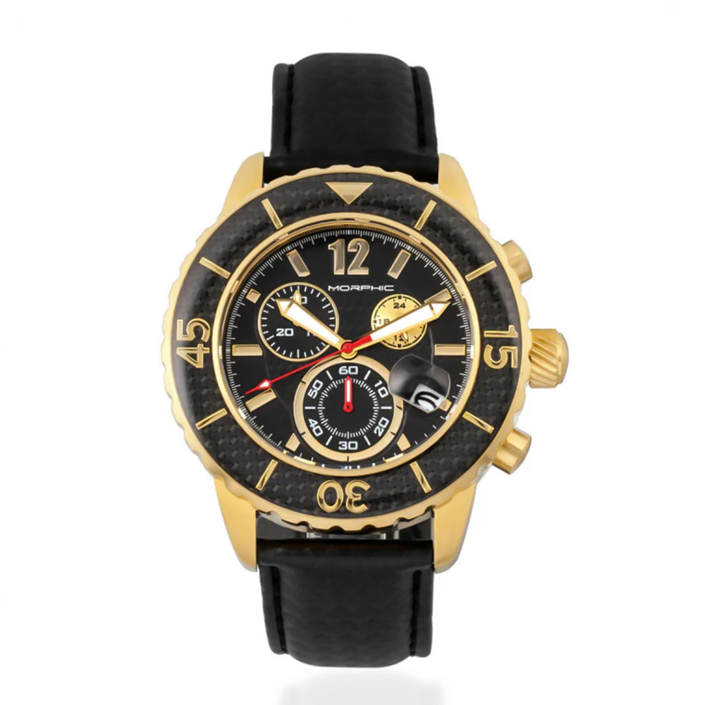 MORPHIC M51 Series Japanese Quartz Movt. 10ATM Water Resistant Black Dial Mens Watch with Black Colour Leather Strap and Gold-Tone Case_8194025