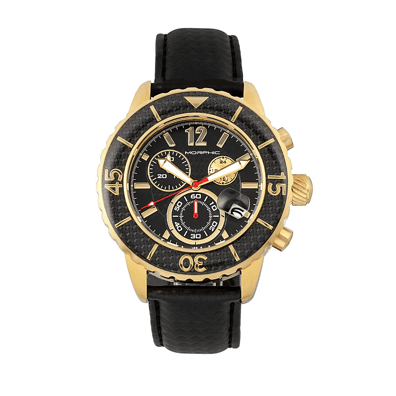 MORPHIC M51 Series Japanese Quartz Movt. 10ATM Water Resistant Black Dial Mens Watch with Black Colour Leather Strap and Silver-Tone Case