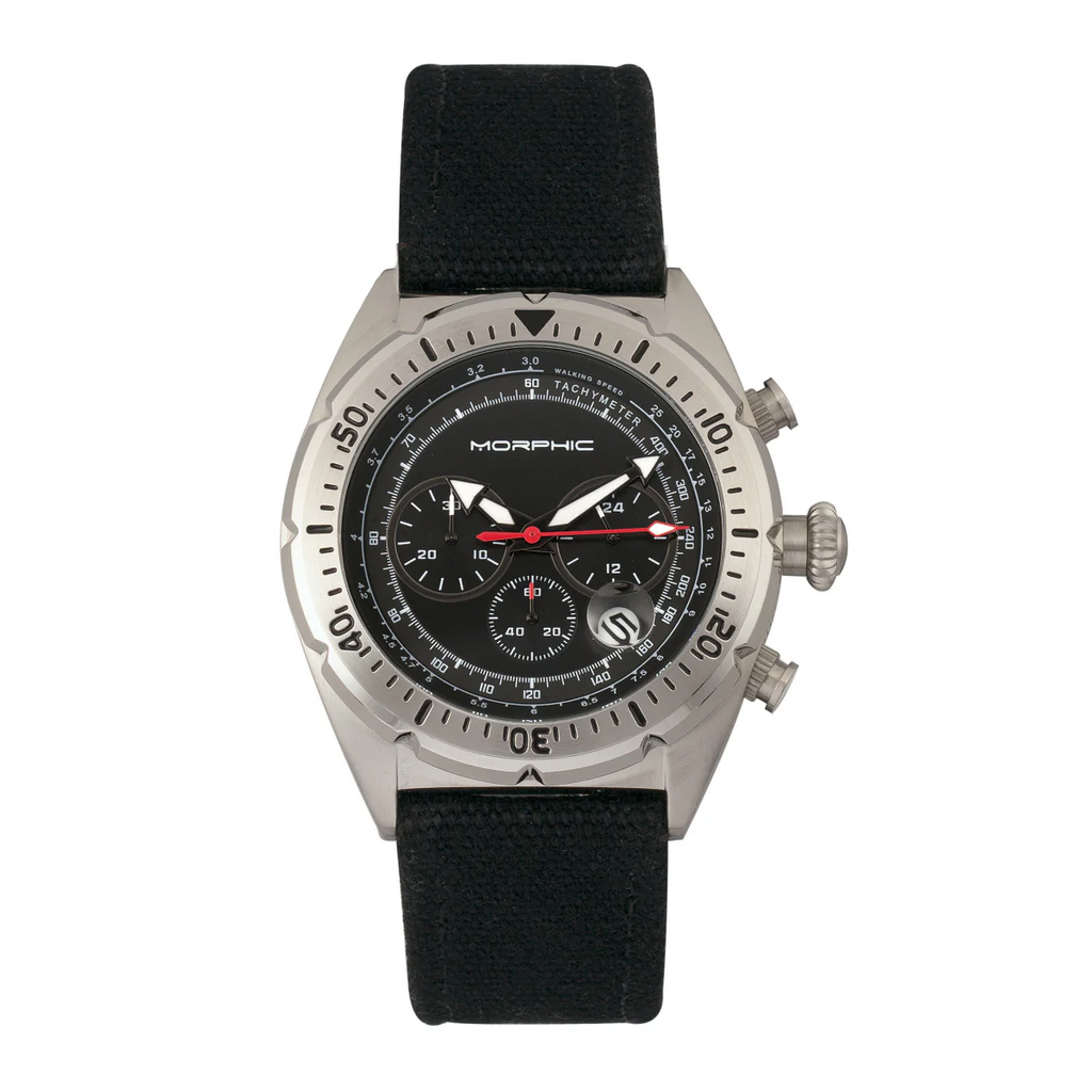 MORPHIC M53 Series Japanese Quartz Movt. 5ATM Water Resistant Black Dial Mens Watch with Black Colour Leather Strap and Silver-Tone Case_8194027