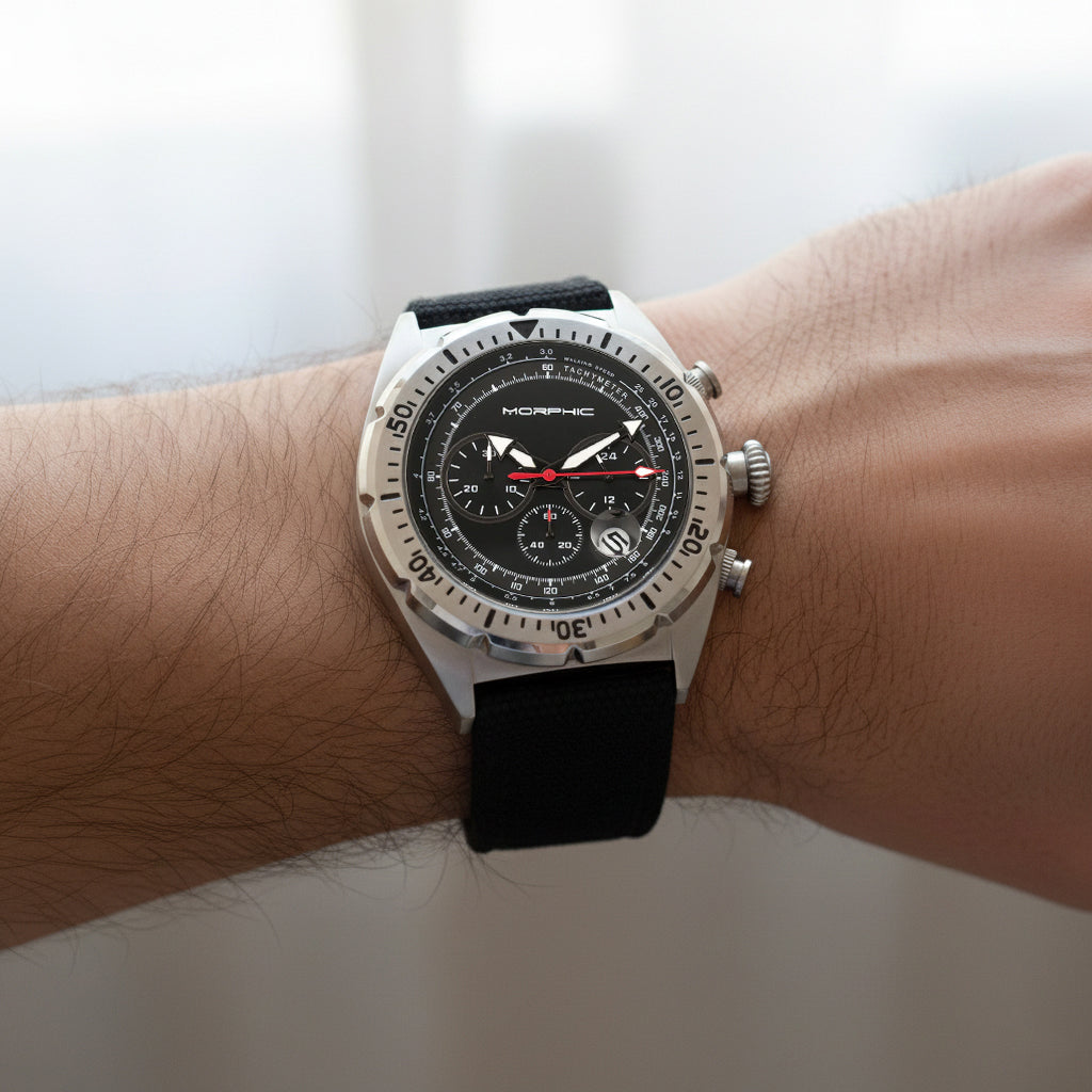 MORPHIC M53 Series Japanese Quartz Movt. 5ATM Water Resistant Black Dial Mens Watch with Black Colour Leather Strap and Silver-Tone Case_8194027_2