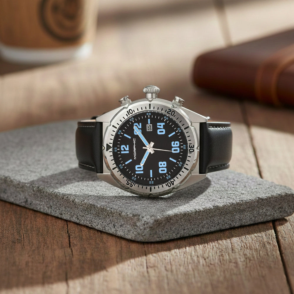 MORPHIC M63 Series Japanese Quartz Movt. 5ATM Water Resistant Black Dial Mens Watch with Black Colour Leather Strap and Silver-Tone Case_8194029_1