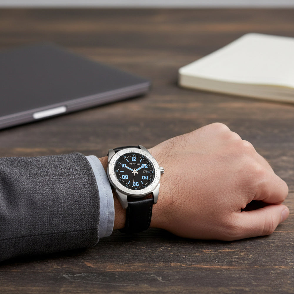 MORPHIC M63 Series Japanese Quartz Movt. 5ATM Water Resistant Black Dial Mens Watch with Black Colour Leather Strap and Silver-Tone Case_8194029_2