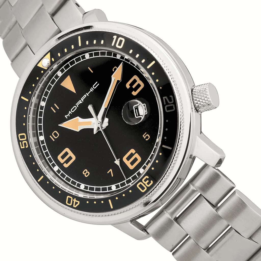 MORPHIC M74 Series Japanese Quartz Movt. 5ATM Water Resistant Black Dial Mens Watch with Silver Colour Stainless Steel Strap