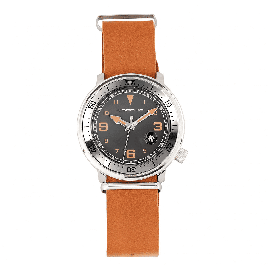 MORPHIC M74 Series Japanese Quartz Movt. 5ATM Water Resistant Grey Dial Mens Watch with Brown Colour Leather Strap and Silver-Tone Case