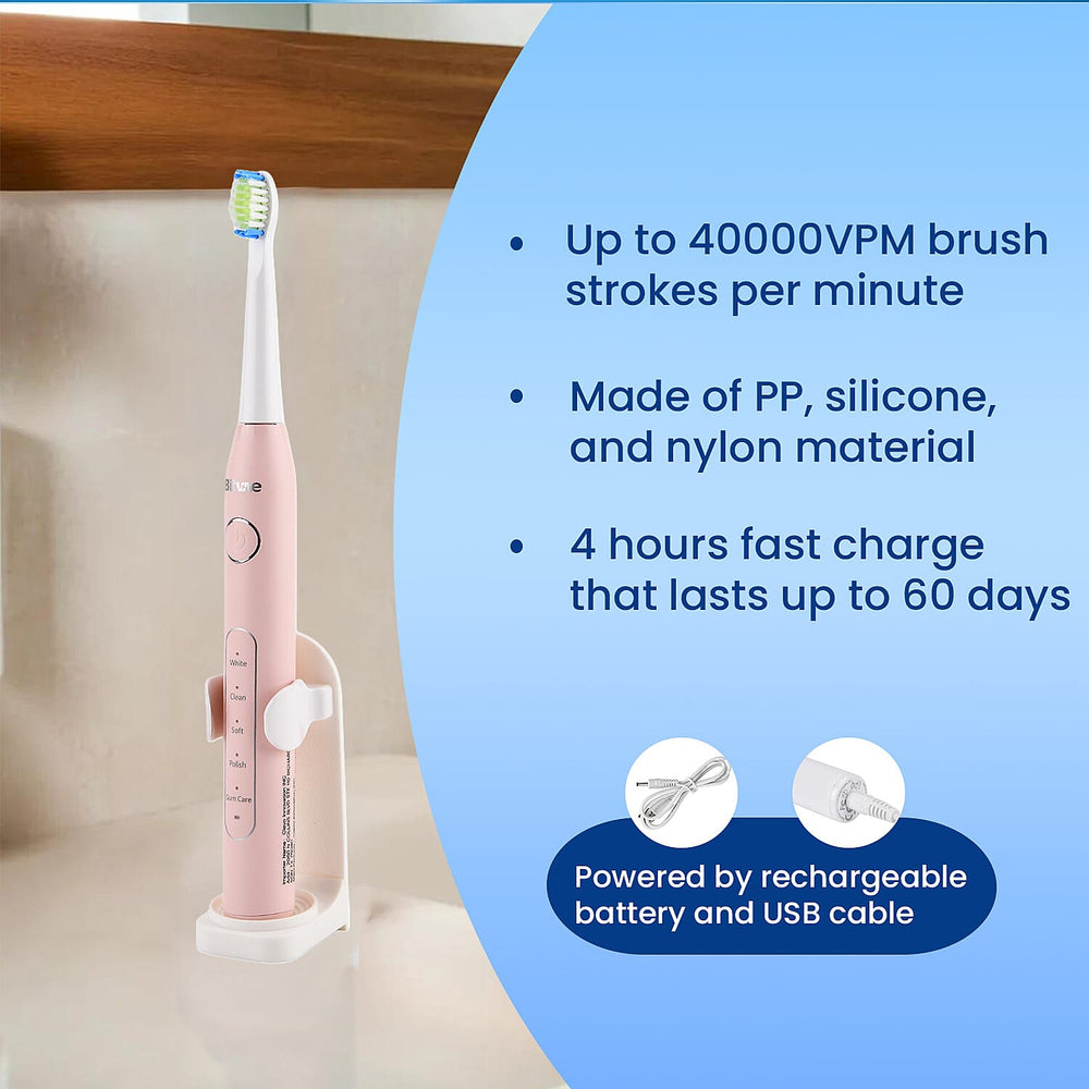 ADA Accepted Sonic Electric Toothbrush with 40,000 VPM - 5 Modes - 60 Day Use USB Rechargeable with 8 Dupont Heads - Pink