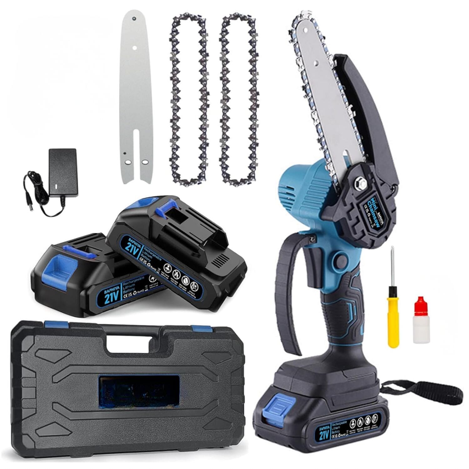 6 Inch 21V Chainsaw with 2 Chains and a 2 Batteries (Size 42x11x10 cm) - Blue