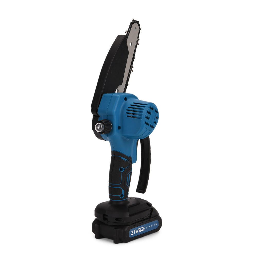 6 Inch 21V Chainsaw with 2 Chains and a 2 Batteries (Size 42x11x10 cm) - Blue