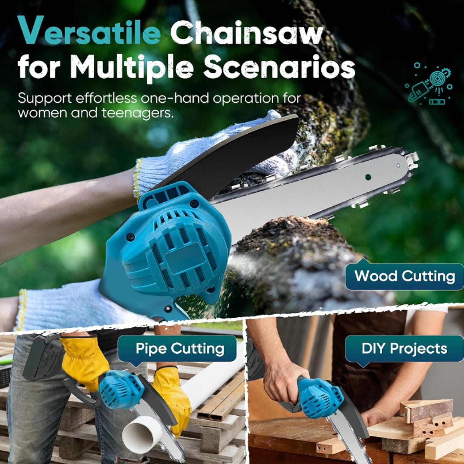 6 Inch 21V Chainsaw with 2 Chains and a 2 Batteries (Size 42x11x10 cm) - Blue