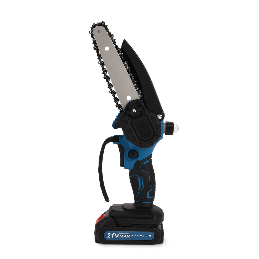 6 Inch 21V Chainsaw with 2 Chains and a 2 Batteries (Size 42x11x10 cm) - Blue