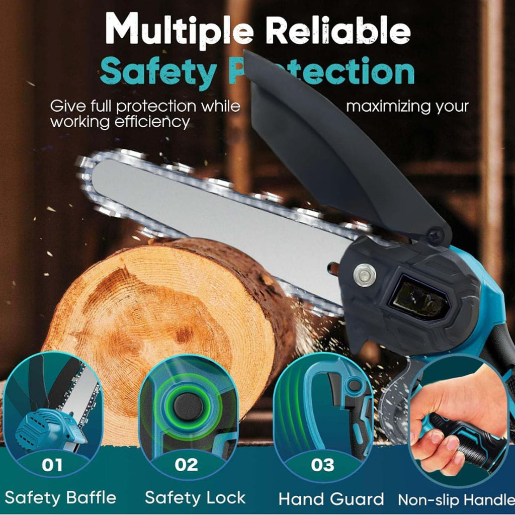 6 Inch 21V Chainsaw with 2 Chains and a 2 Batteries (Size 42x11x10 cm) - Blue