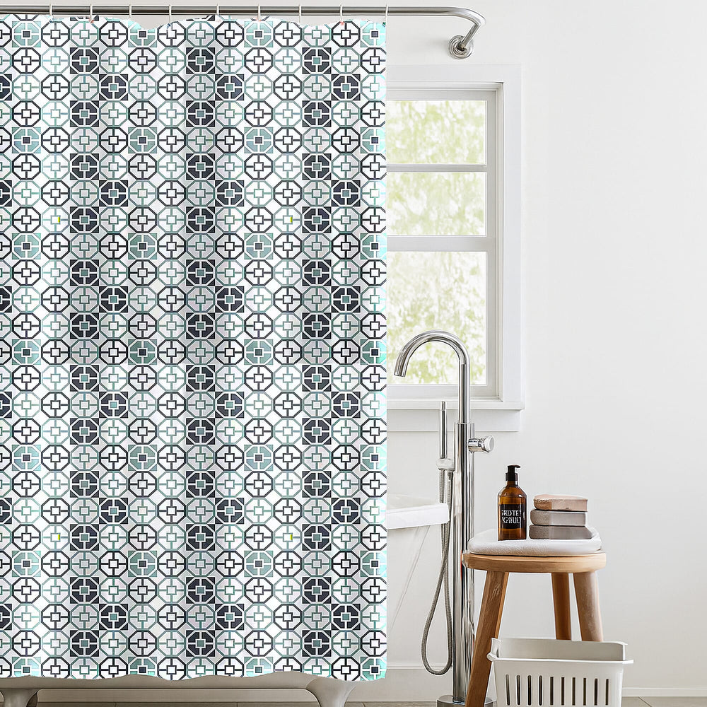 Country Club Stylish Geometric Tiles Pattern Shower Curtain with Hooks (180x180cm) - Black