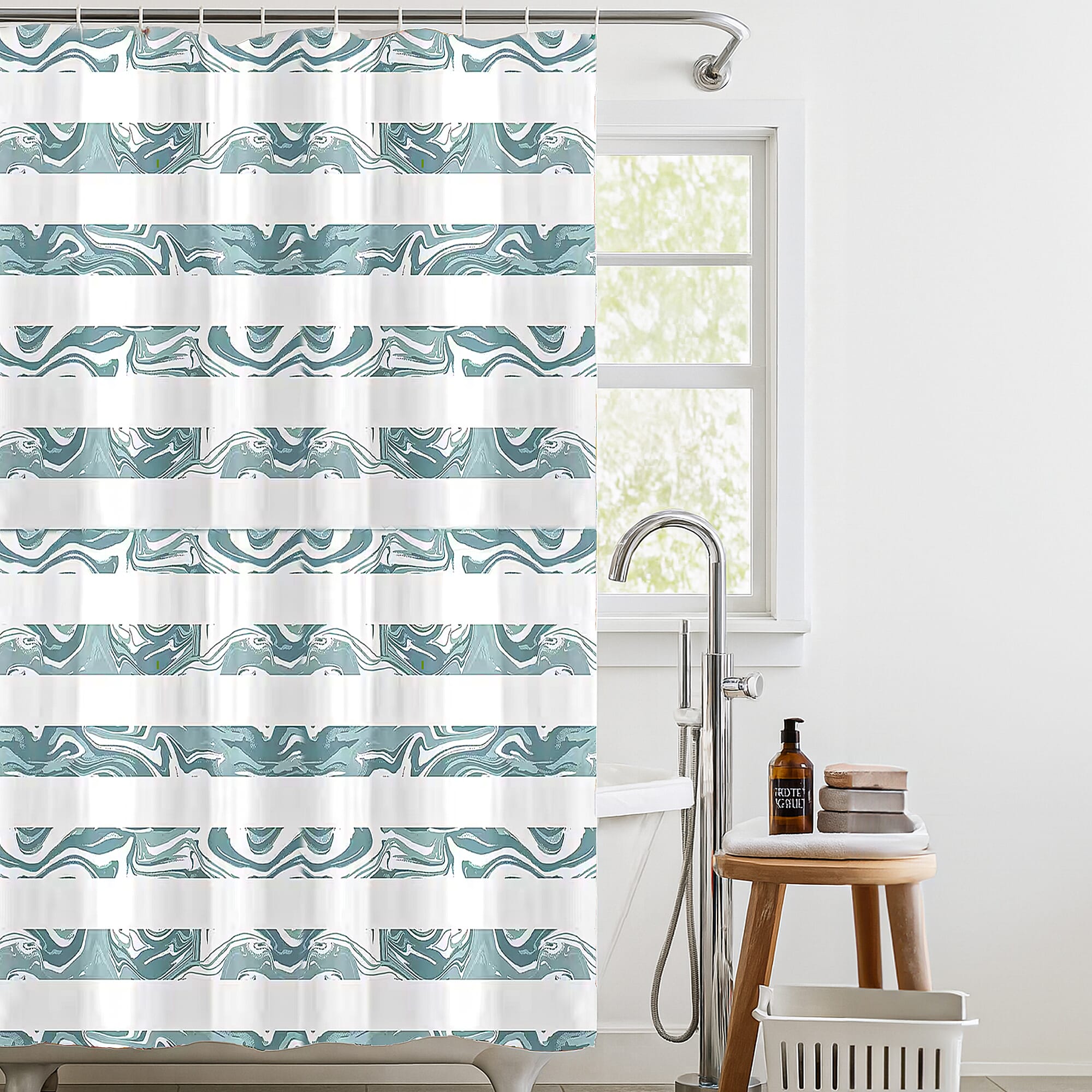 Country Club Elegant Marble Wave Design Shower Curtain with Hooks (180x180cm) - Green