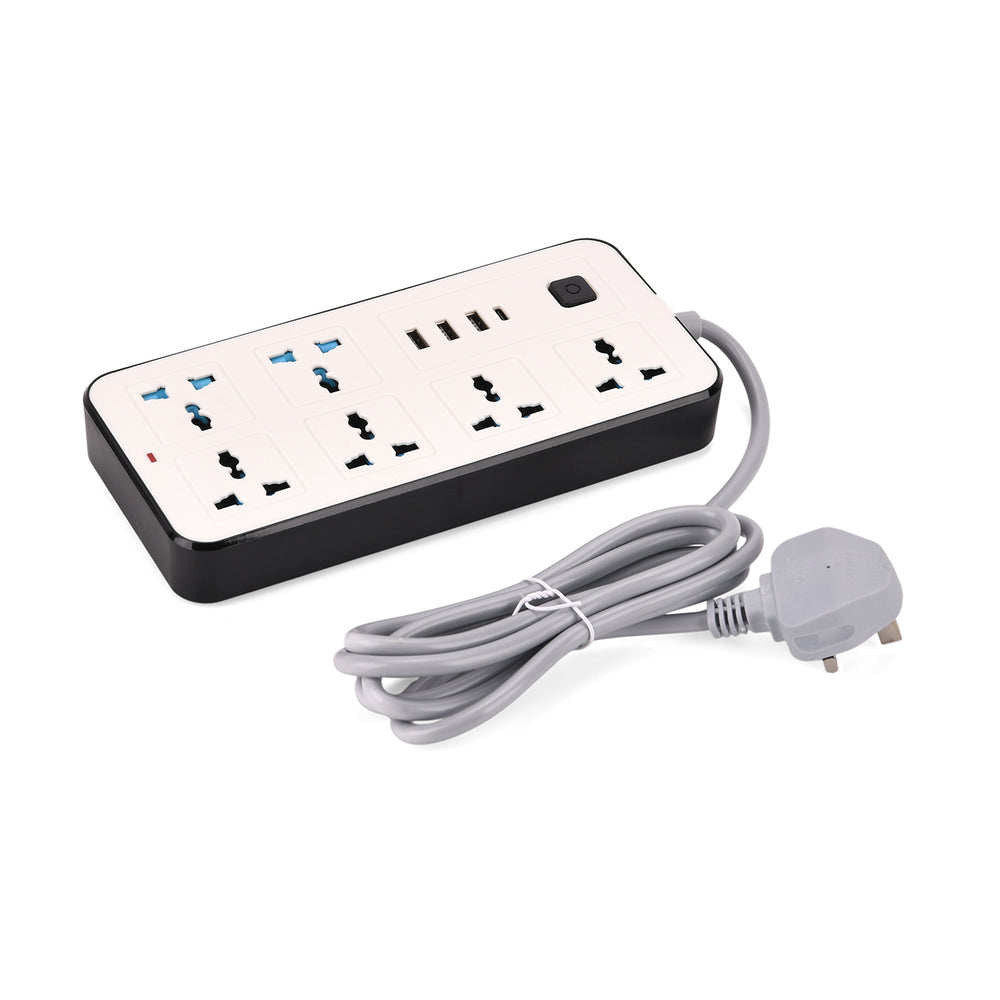 EVERY HOME MUST HAVE -- Multi-Functional 6 plug Socket with 3 USB Port and a type C port- 2 meter Cable (220-250V) - White