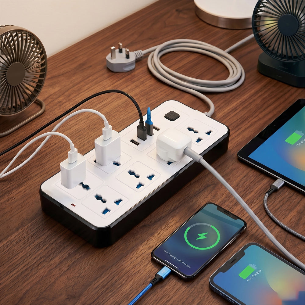 EVERY HOME MUST HAVE -- Multi-Functional 6 plug Socket with 3 USB Port and a type C port- 2 meter Cable (220-250V) - White