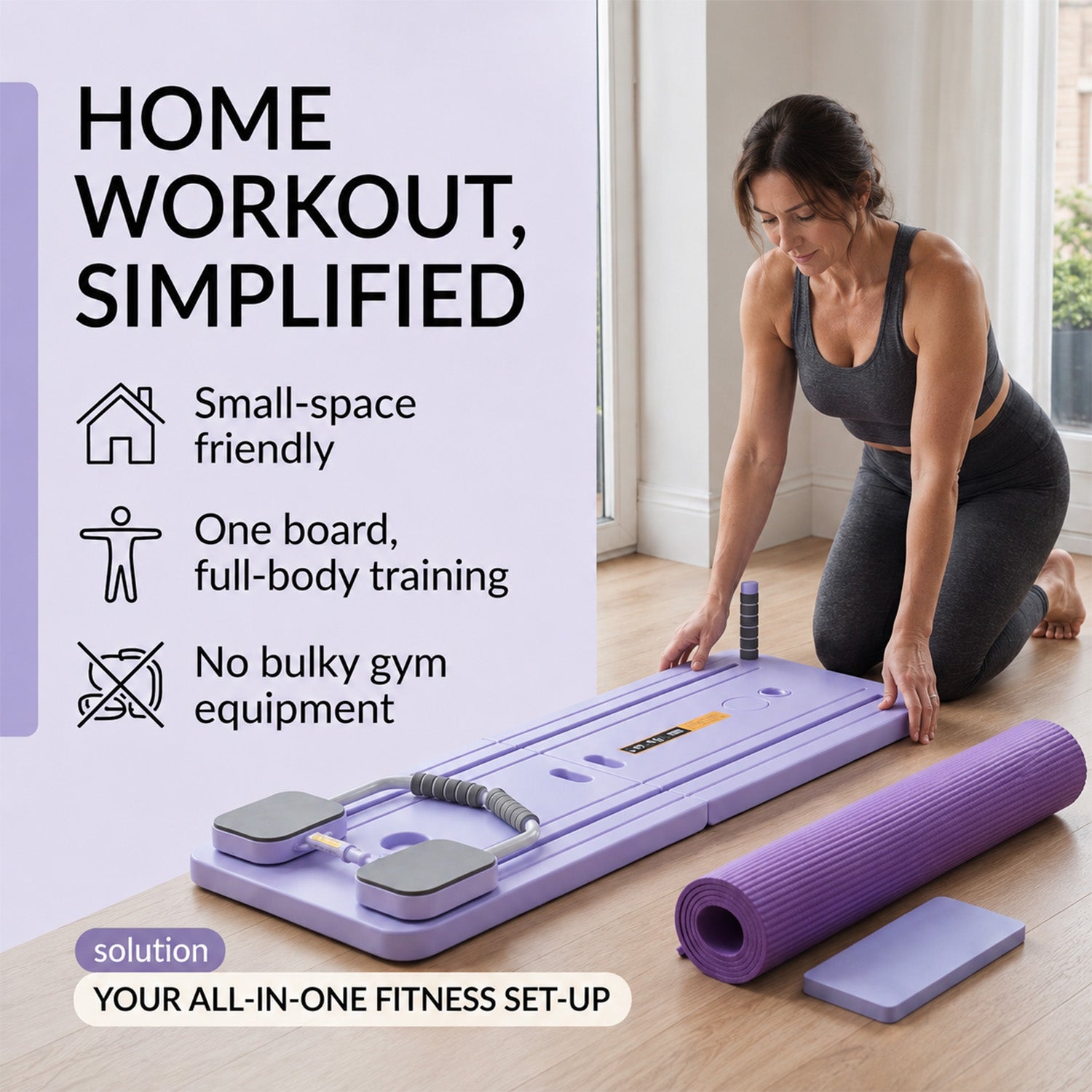 Biss & Beyond Multifunctional Exercise Board - INC. Workout Platform with Resistance Ropes, Yoga Mat, Stability Column, and Comfort Pad - Purple_8202709_1
