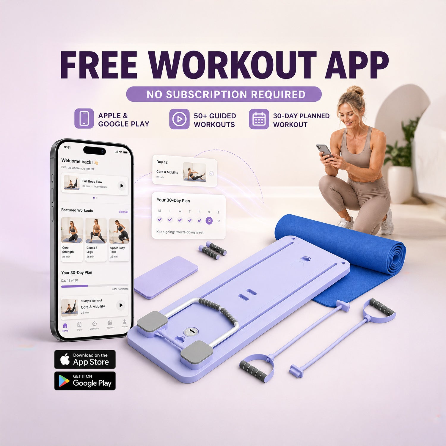 Biss & Beyond Multifunctional Exercise Board - INC. Workout Platform with Resistance Ropes, Yoga Mat, Stability Column, and Comfort Pad - Purple_8202709_2