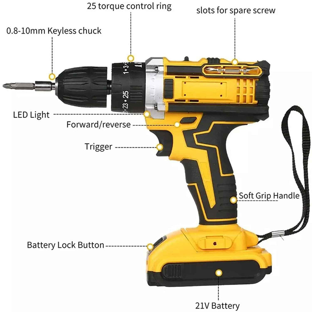 21V Cordless Impact Electric Drill Kit - 35nm Torque - Dual Battery - Black - Yellow